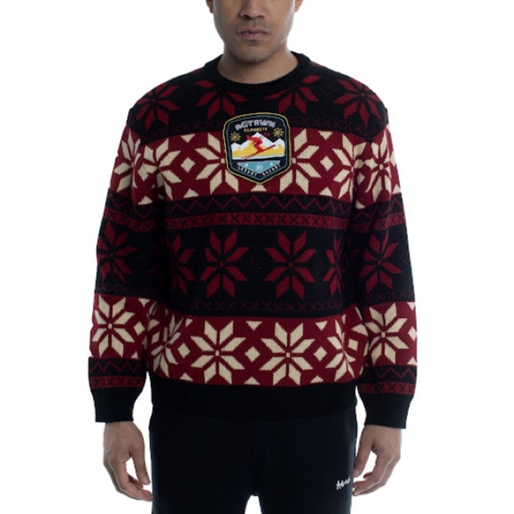 AGTAWH St Moritz Sweater Mens Large Red Black Nordic Snowflake Ski Resort Patch